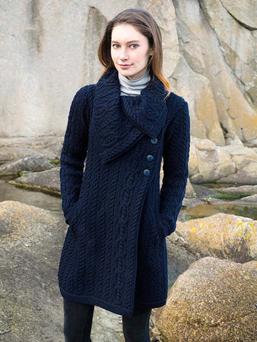 Chunky Collar Coat with Buttons - Navy