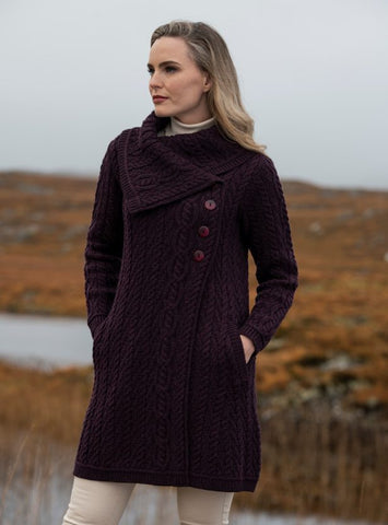 Chunky Collar Coat with Buttons - Damson