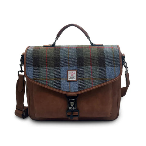 The Laptop Satchel - Chestnut-Blue Tartan