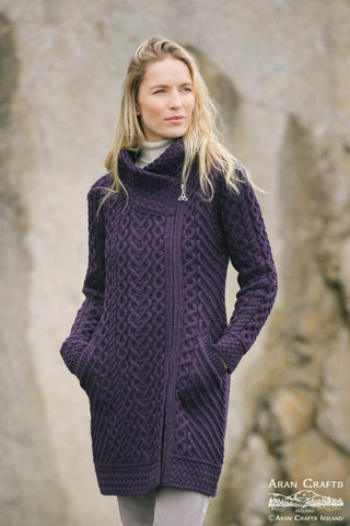 Claddagh Heart Design Long Side Zip Coat - Damson