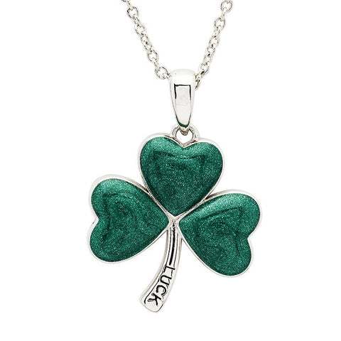 Platinum Plated Shamrock Green Enamel Necklace