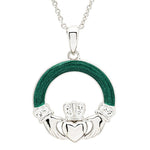 Platinum Plated Claddagh Green Enamel Necklace