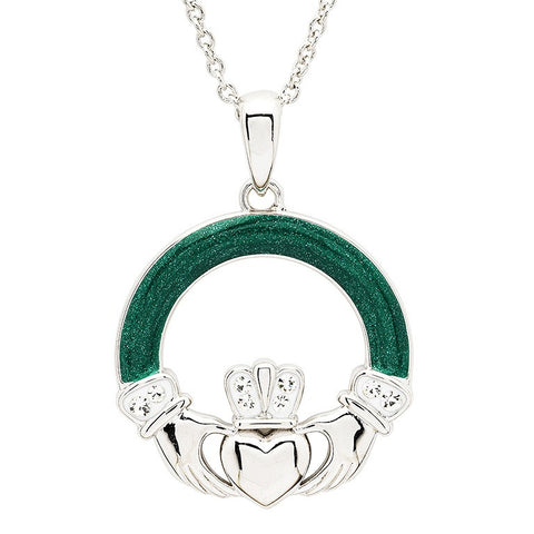 Platinum Plated Claddagh Green Enamel Necklace