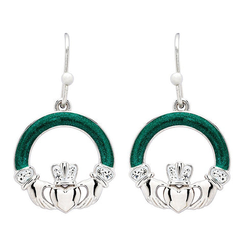 Platinum Plated Claddagh Green Enamel Earrings