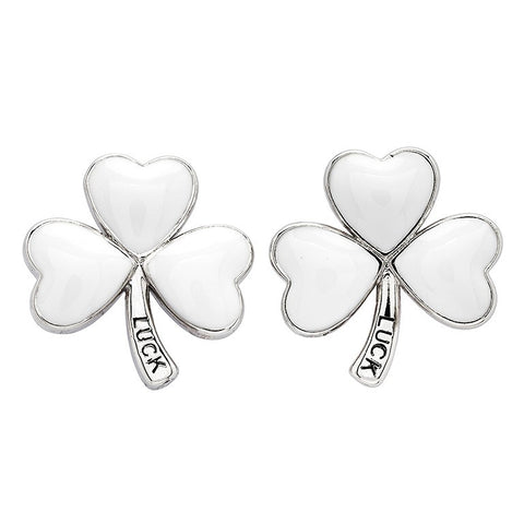 Platinum Plated Shamrock White Enamel Earrings