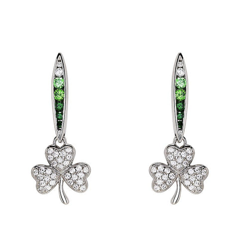 Green & White CZ Shamrock Earrings