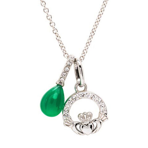 Sterling Silver Crystal and Green Agate Claddagh Necklace