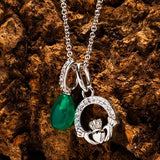 Sterling Silver Crystal and Green Agate Claddagh Necklace