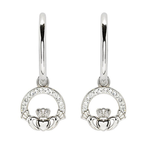 Sterling Silver Crystal Claddagh Hoop Earrings