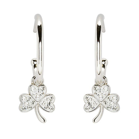 Sterling Silver Crystal Shamrock Hoop Earrings