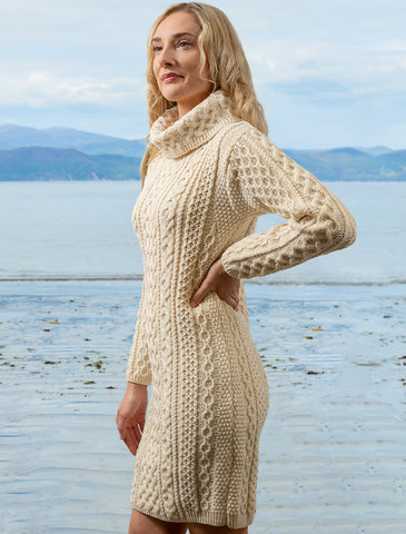 Aran Cable Knit Cowl Neck Sweater Dress